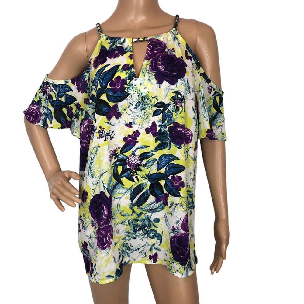 Torrid Blouse Top 1X Multicolor Floral Print‎ Cold Shoulder Keyhole V-Neck Shirt